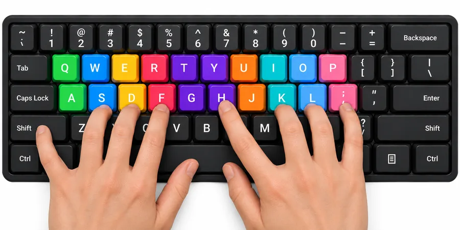 Left little finger holding the Shift key while the right index finger presses H on a color-coded keyboard