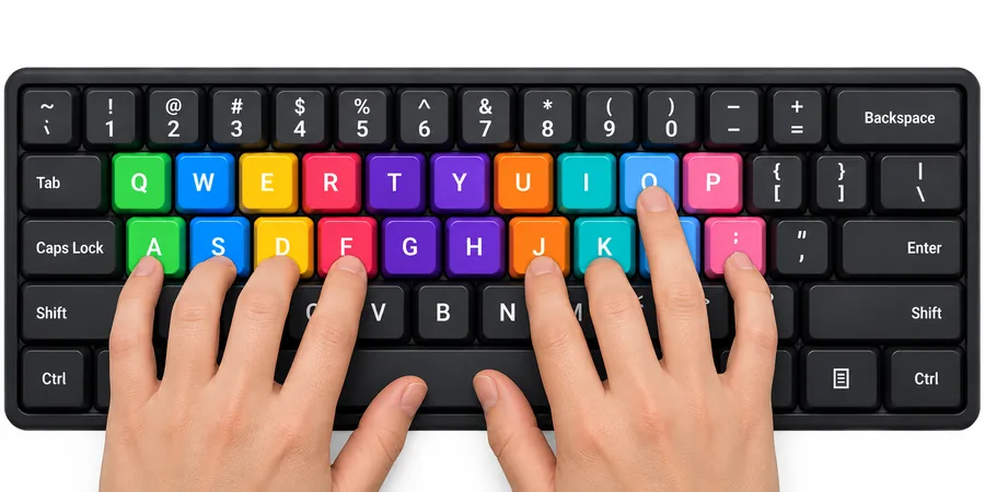Right ring finger reaching up from L to press the O key while the other fingers stay on the home row